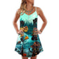 Halloween Black Cat Pumpkin Night – Women's Summer Sleeveless V-Neck Camisole Dress