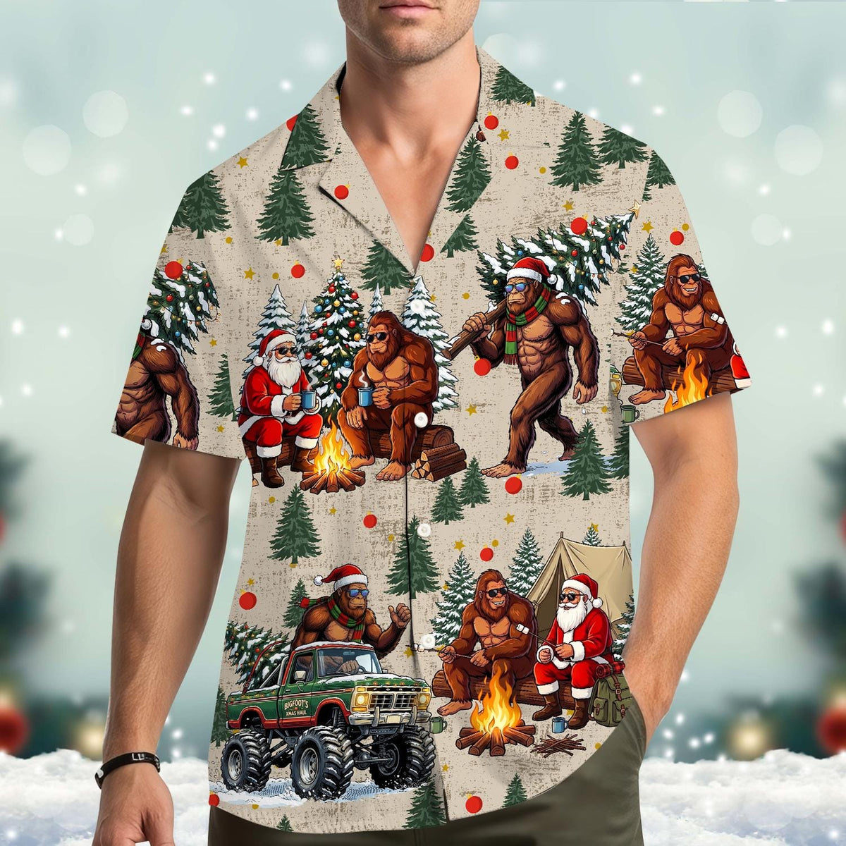 Bigfoot Christmas Santa Camping Campfire – Hawaiian Shirt