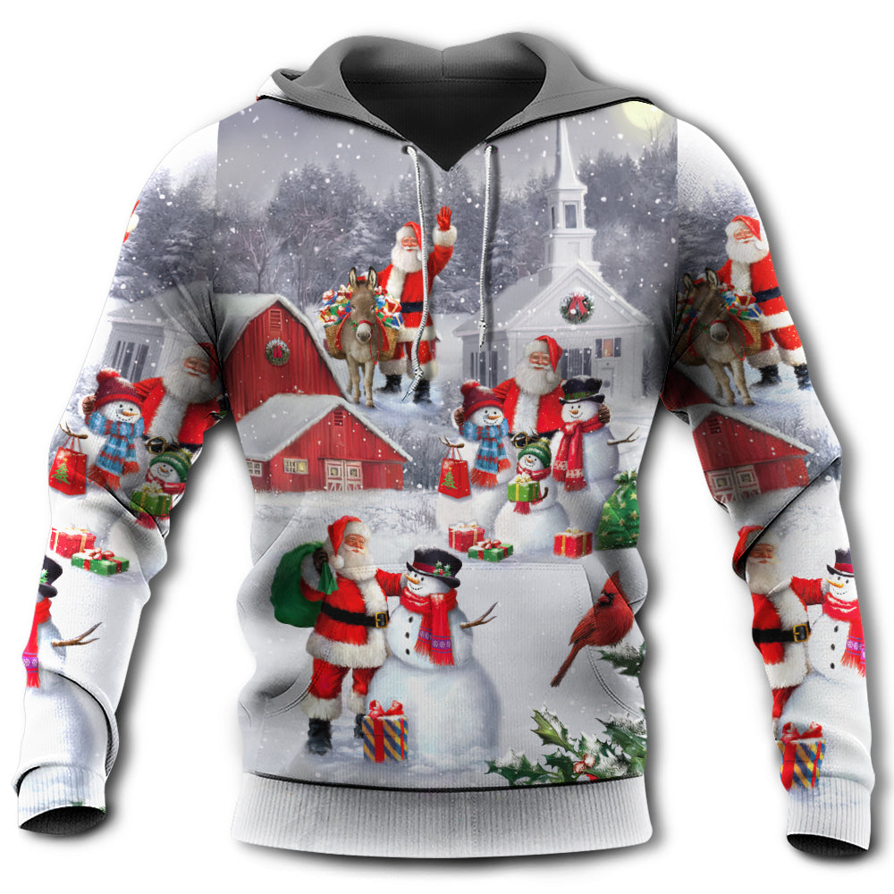 Christmas Santa With Snowman Family Town Art - Hoodie