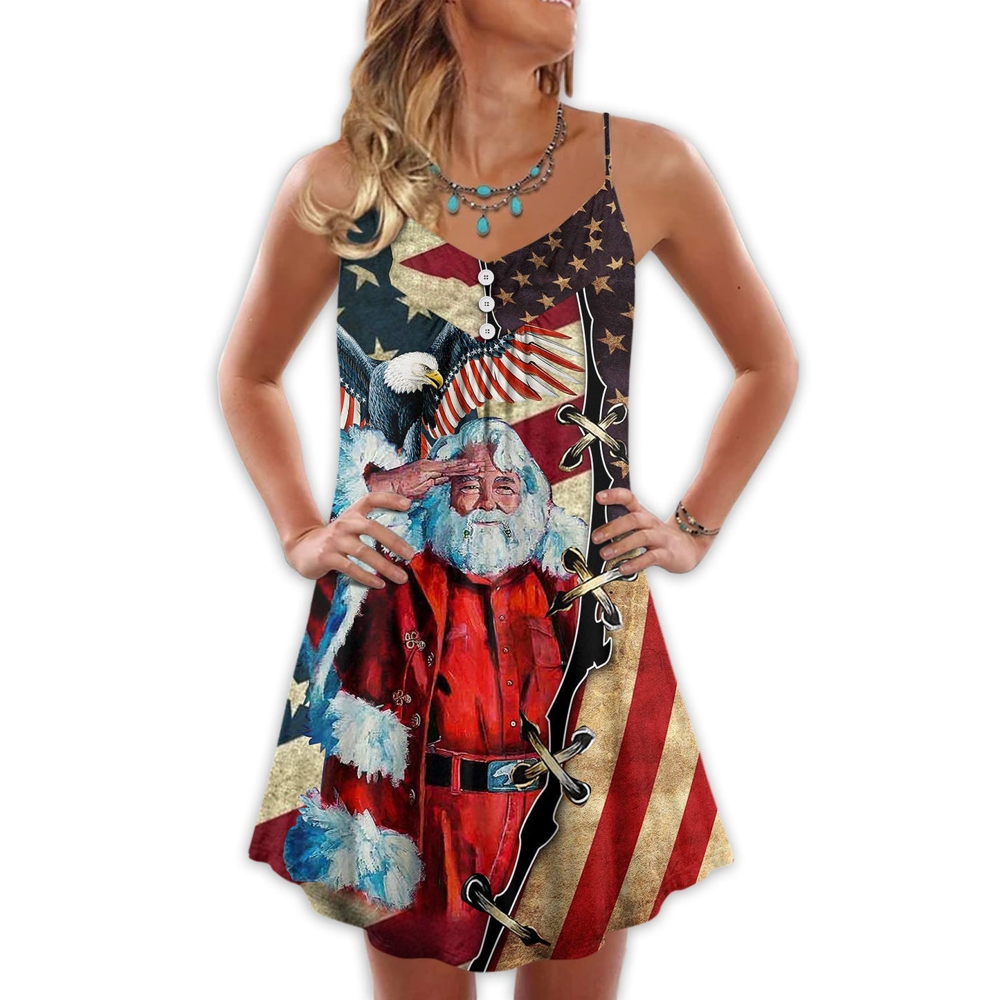 Christmas Patriotic Santa Flag Theme – Women's Summer Sleeveless V-Neck Camisole Dress