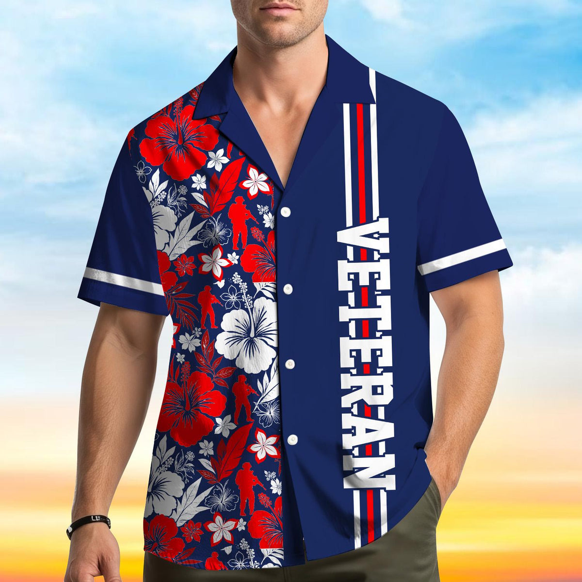 Patriotic Veteran Military Silhouette Hibiscus Floral – Hawaiian Shirt