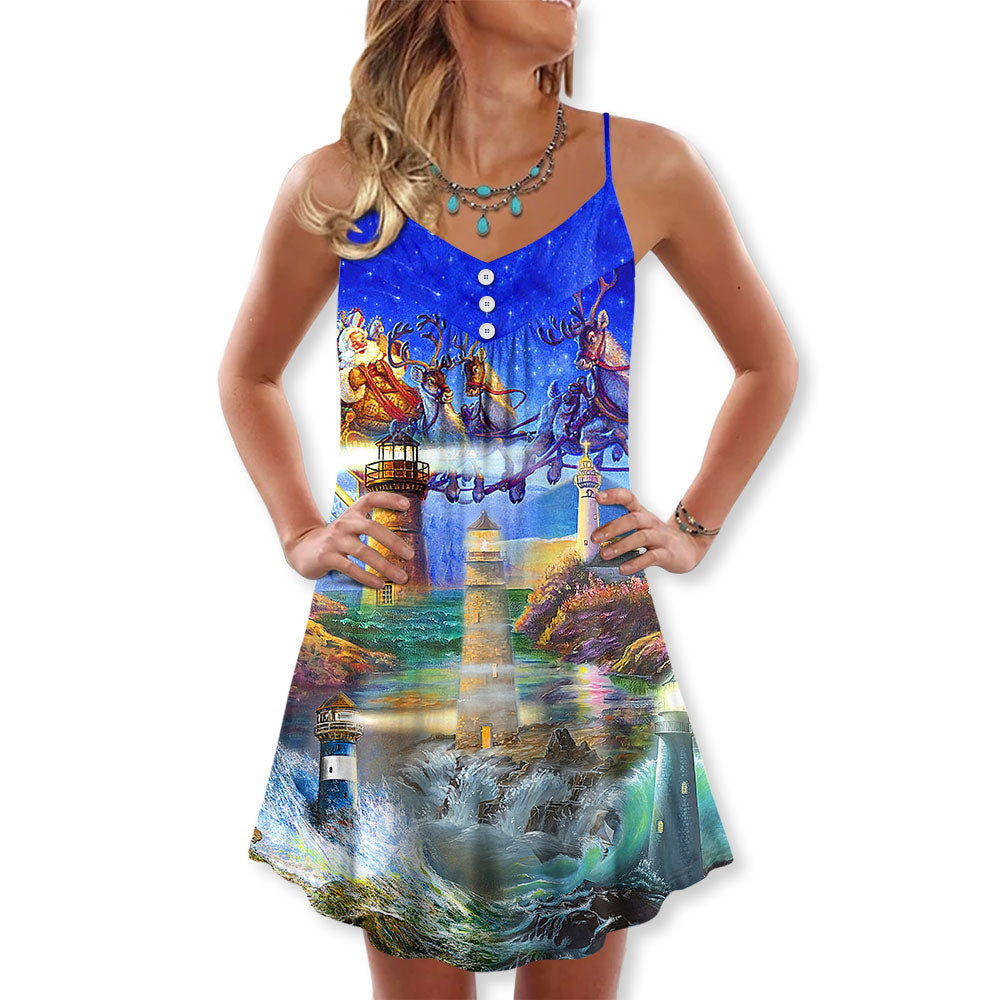 Lighthouse Santa Shine Bright – Women's Summer Sleeveless V-Neck Camisole Dress