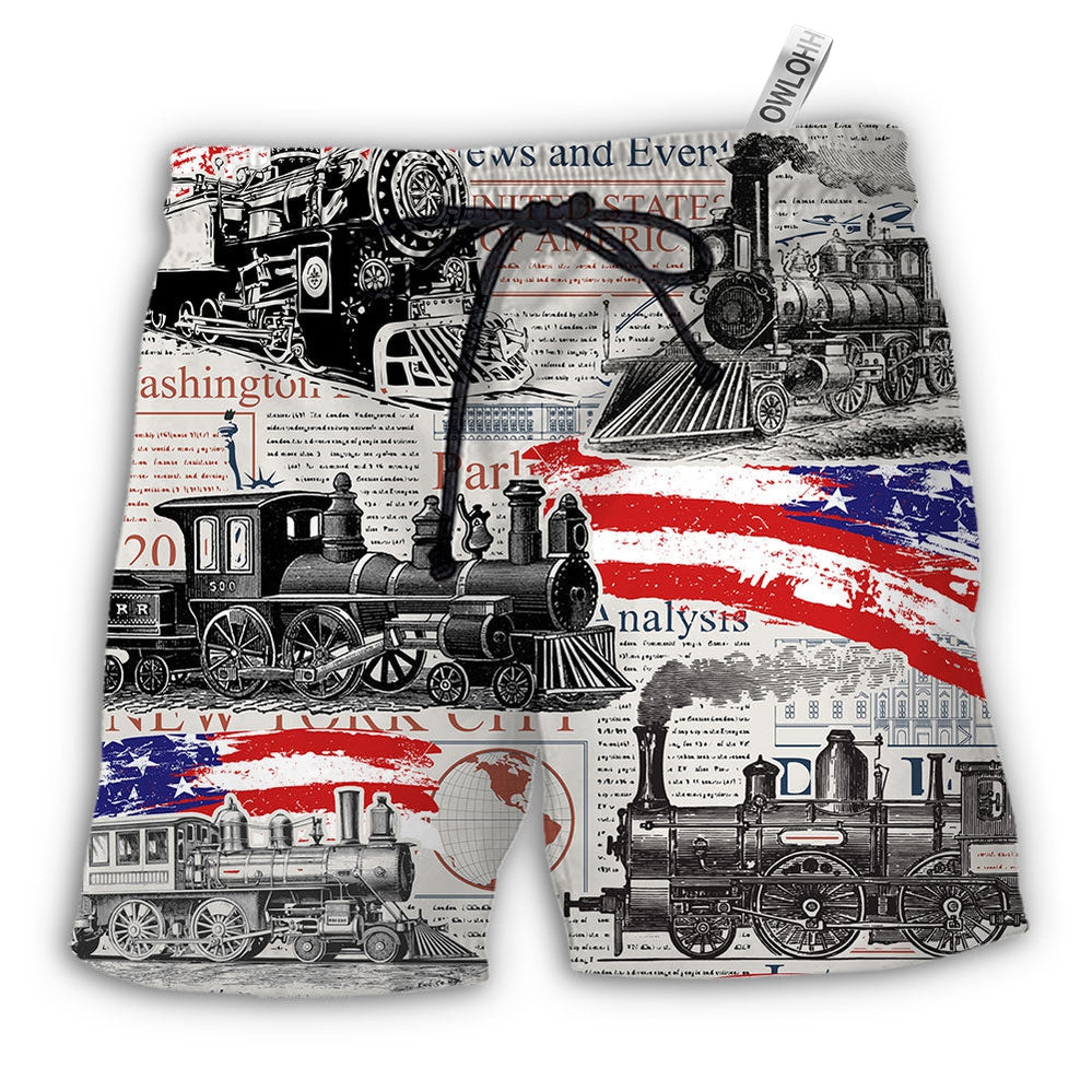 Beach Short / Adults / S Train Independence Day Retro Train US Flag - Beach Short - Owls Matrix LTD