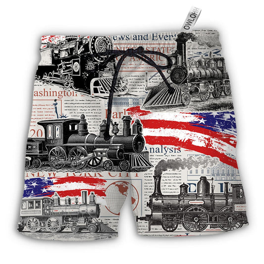 Beach Short / Adults / S Train Independence Day Retro Train US Flag - Beach Short - Owls Matrix LTD