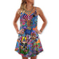 Hippie Colorful Skull Love Life – Women's Summer Sleeveless V-Neck Camisole Dress