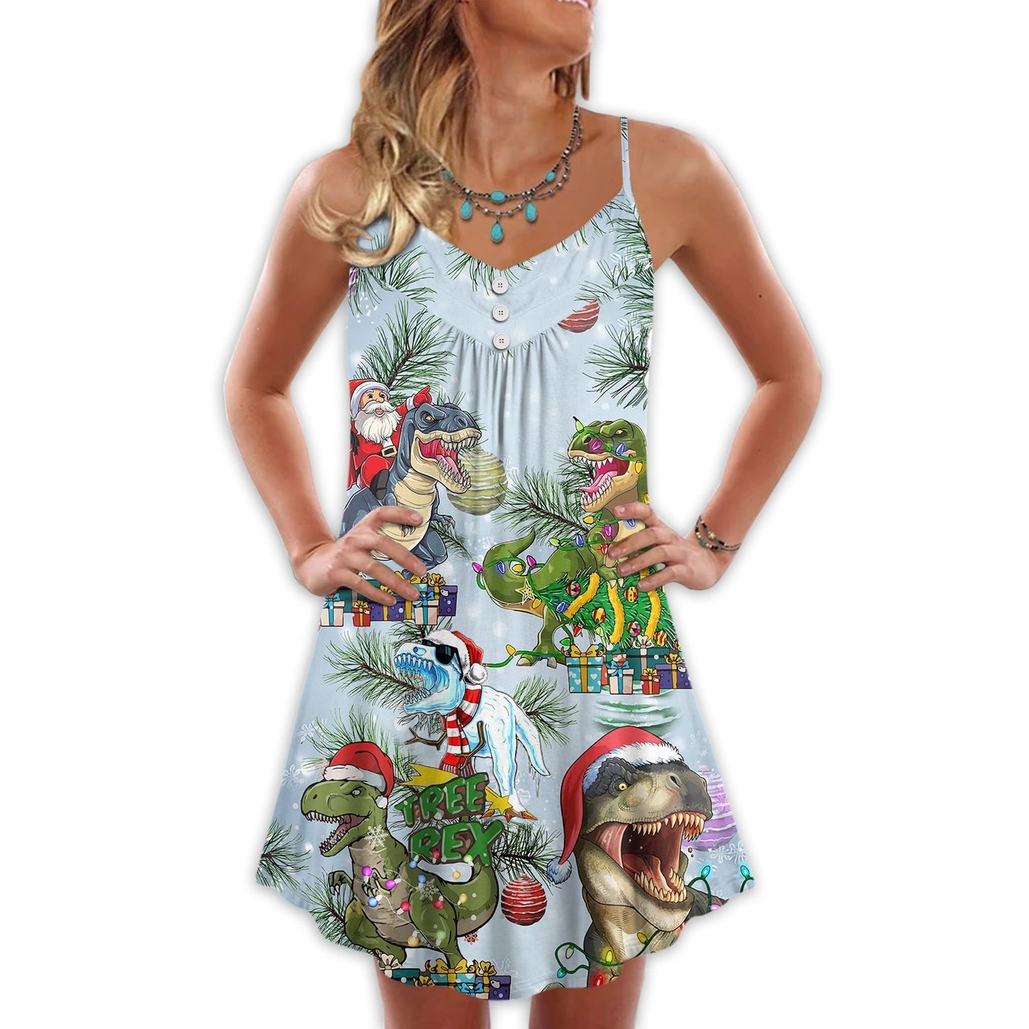 Christmas Dinosaurs Merry Xmas – Women's Summer Sleeveless V-Neck Camisole Dress