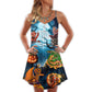Halloween Dragon Pumpkin Night Sky – Women's Summer Sleeveless V-Neck Camisole Dress