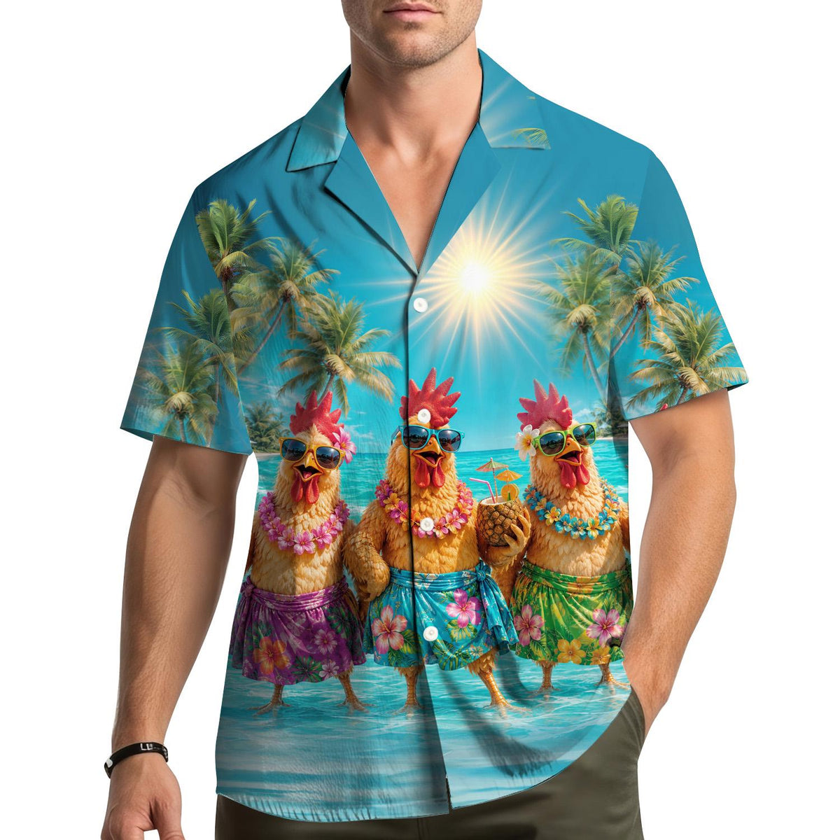 Tropical Chicken Rooster Palm Tree Beach Vacation – Hawaiian Shirt