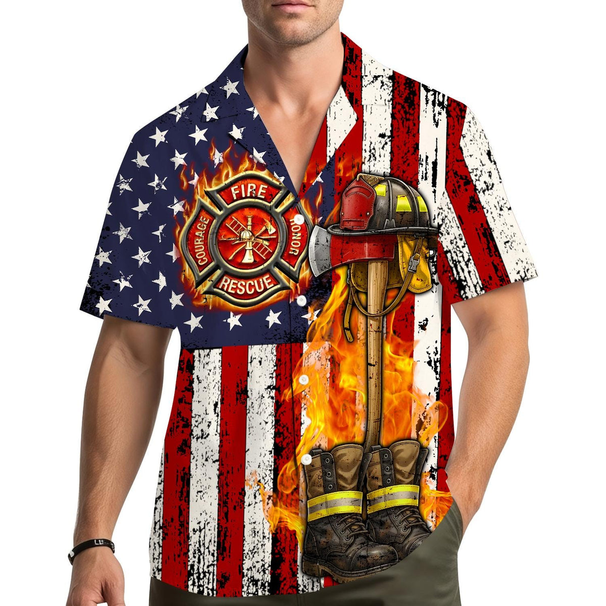 Patriotic Firefighter American Flag Helmet Axe Rescue – Hawaiian Shirt