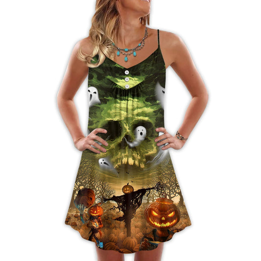 Halloween Crazy Pumpkin Ghost – Women's Summer Sleeveless V-Neck Camisole Dress