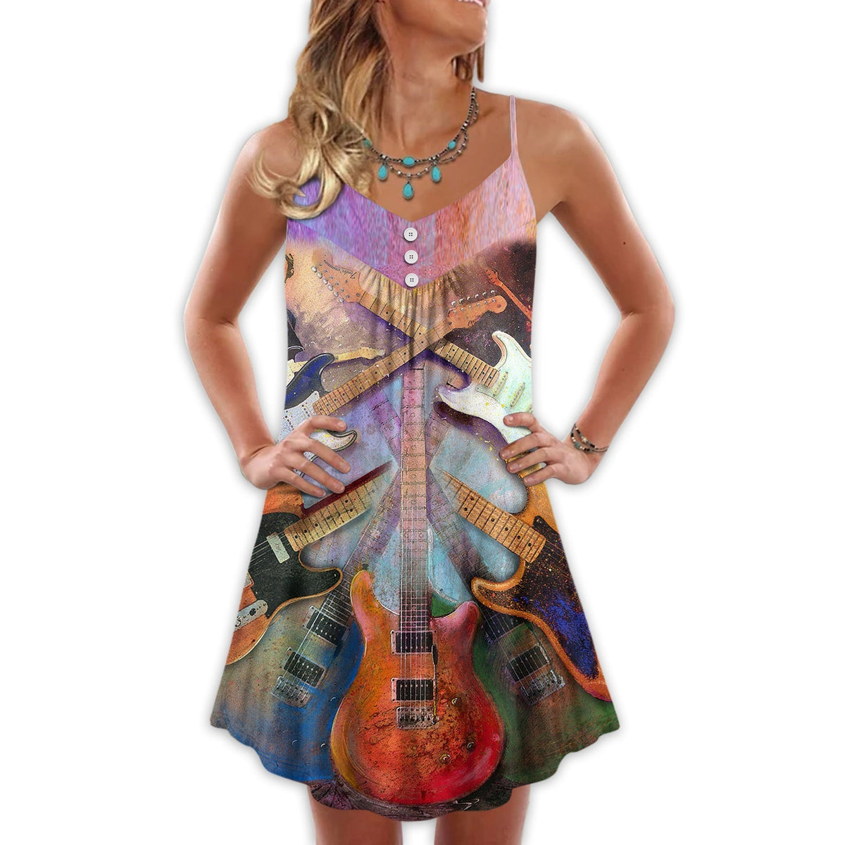 Abstract Colorful Guitar Lover – Women's Summer Sleeveless V-Neck Camisole Dress