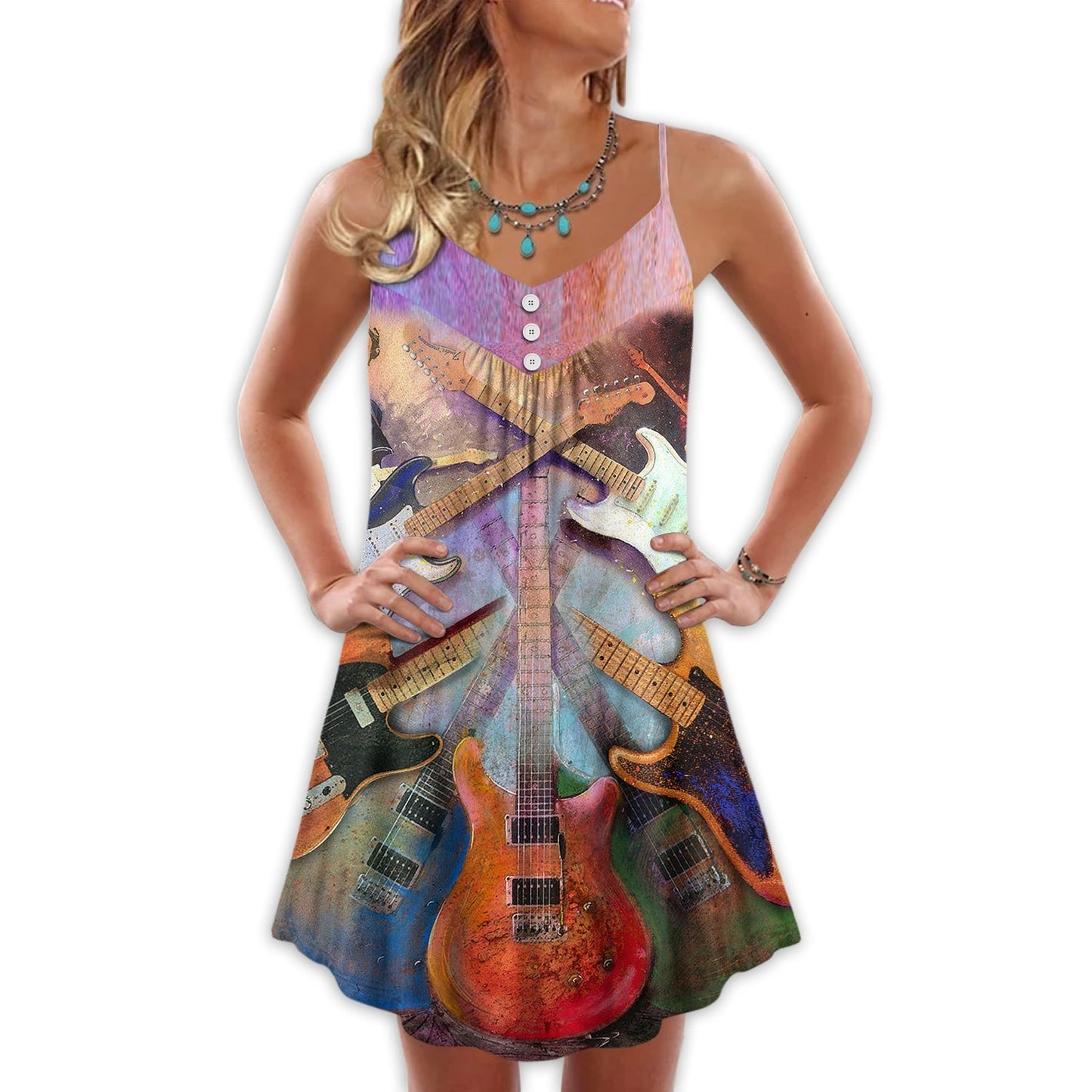 Abstract Colorful Guitar Lover – Women's Summer Sleeveless V-Neck Camisole Dress