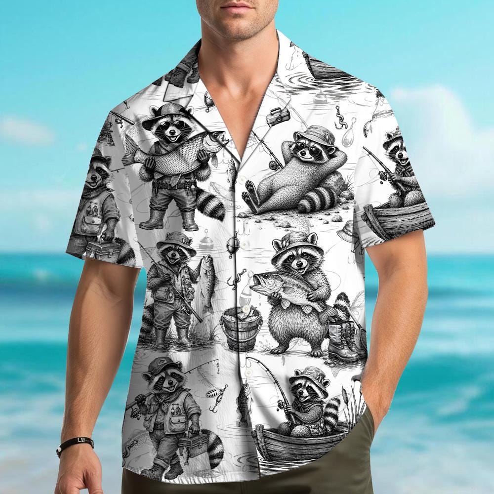 Funny Raccoon Camping Campfire Fishing Adventure – Hawaiian Shirt