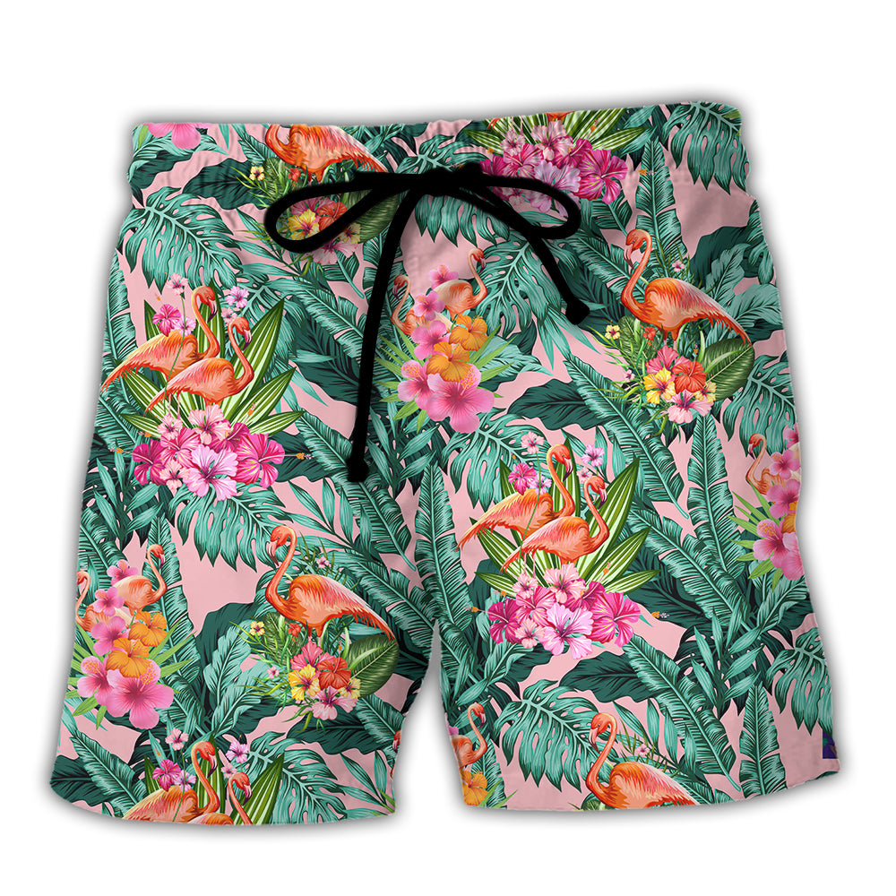 Flamingo Colorful Tropical Leaf - Beach Short