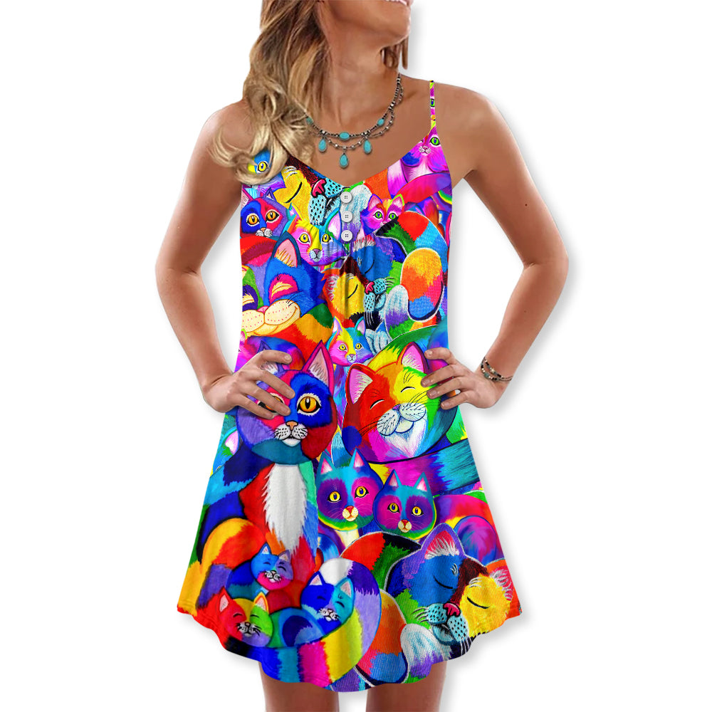 Rainbow Cat Colorful Style – Women's Summer Sleeveless V-Neck Camisole Dress