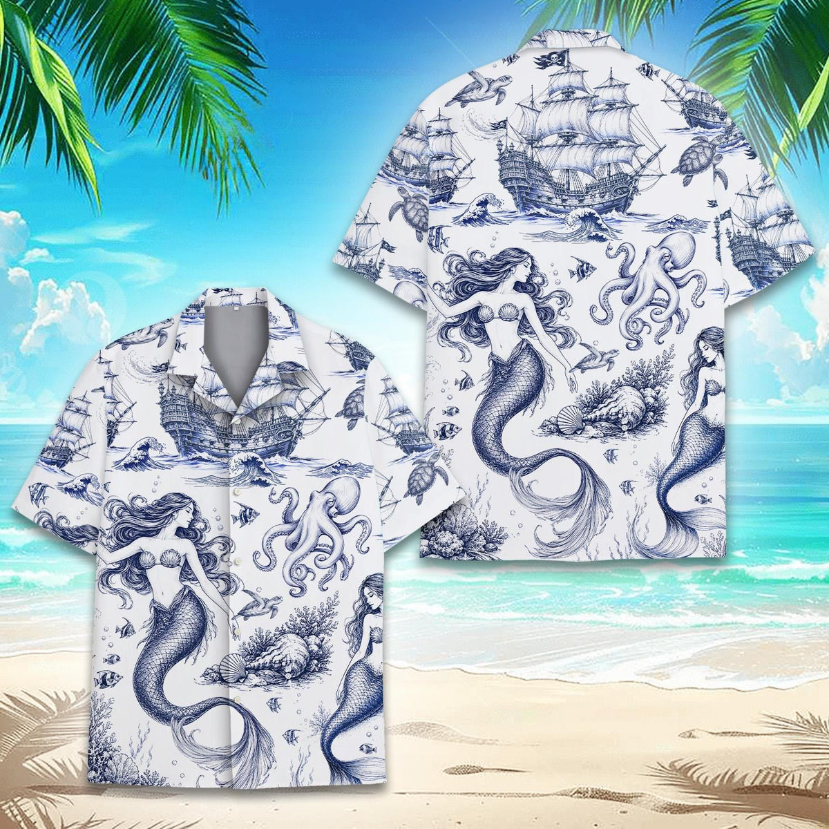 Vintage Mermaid Pirate Ship Octopus Ocean – Hawaiian Shirt