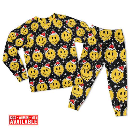 Women / S Christmas Smile Happy Face With Santa Hat - Pajamas Long Sleeve - Owls Matrix LTD