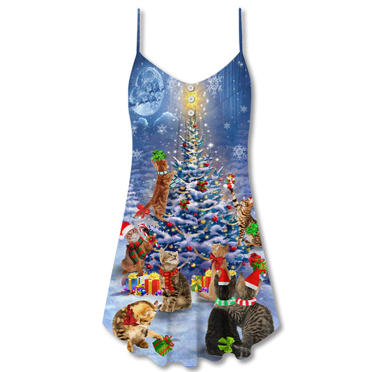 Christmas Cats And Tree Love – Women's Summer Sleeveless V-Neck Camisole Dress
