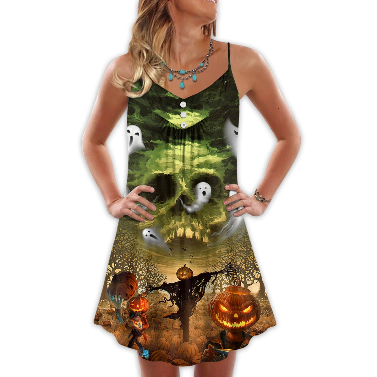 Halloween Crazy Pumpkin Ghost – Women's Summer Sleeveless V-Neck Camisole Dress