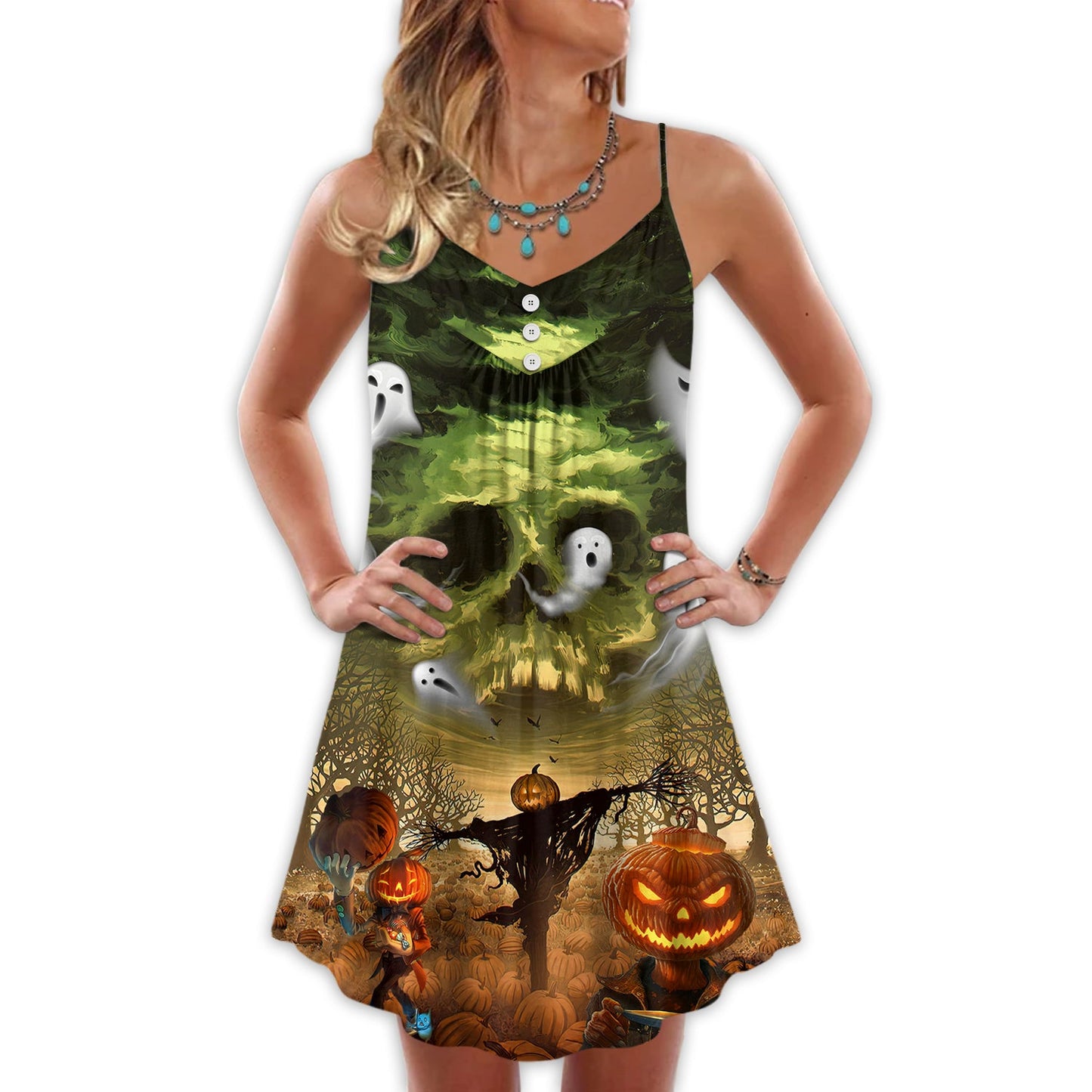 Halloween Crazy Pumpkin Ghost – Women's Summer Sleeveless V-Neck Camisole Dress