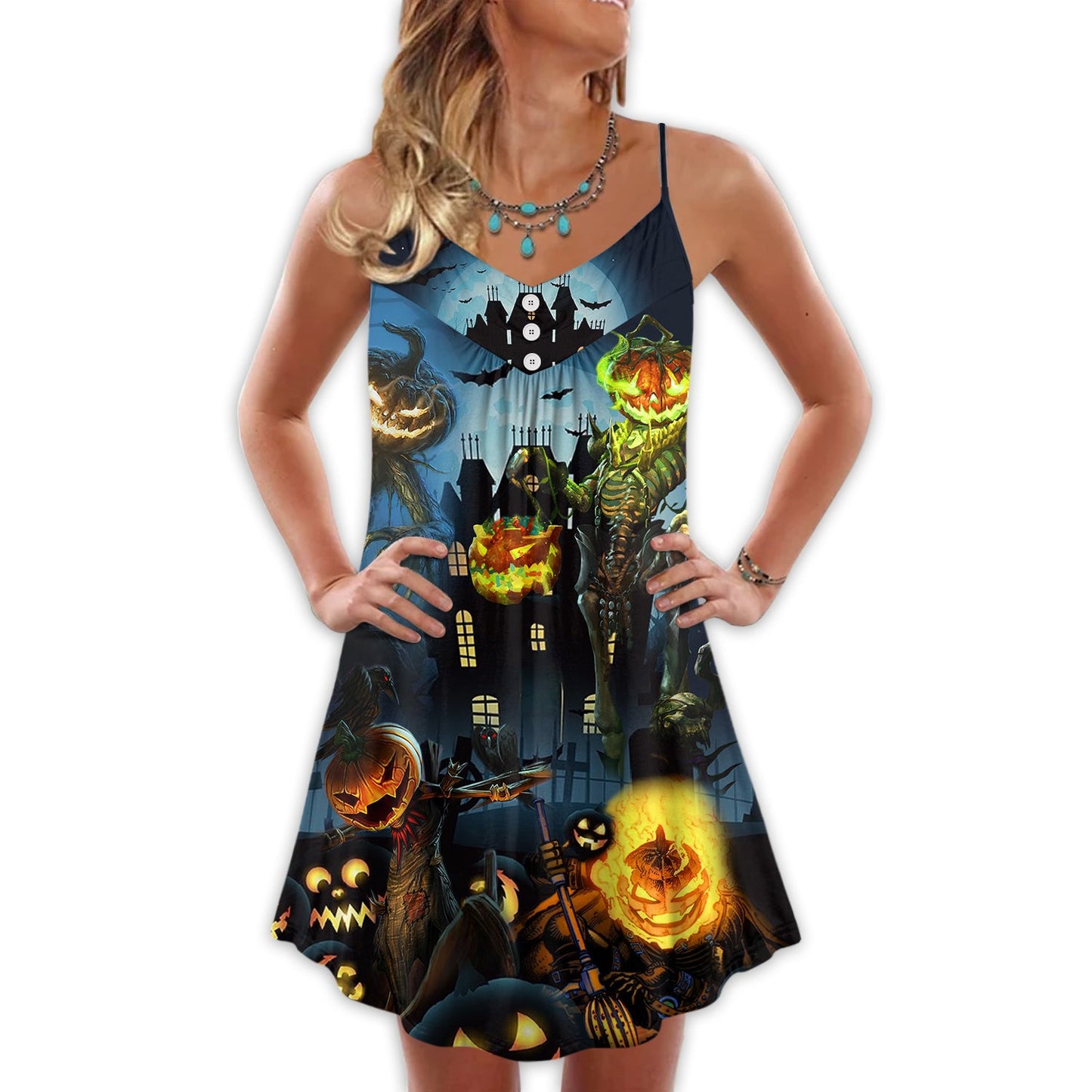 Halloween Pumpkin Scary Sky Night – Women's Summer Sleeveless V-Neck Camisole Dress
