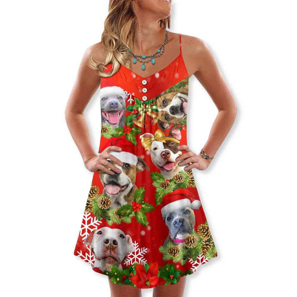 Christmas Dogs Pitbull Family Love – Women's Summer Sleeveless V-Neck Camisole Dress