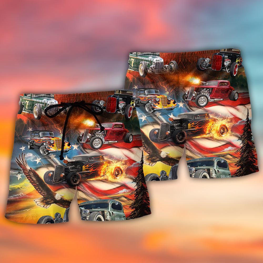 Hot Rod Independence Day American Flag - Beach Short - Owls Matrix LTD
