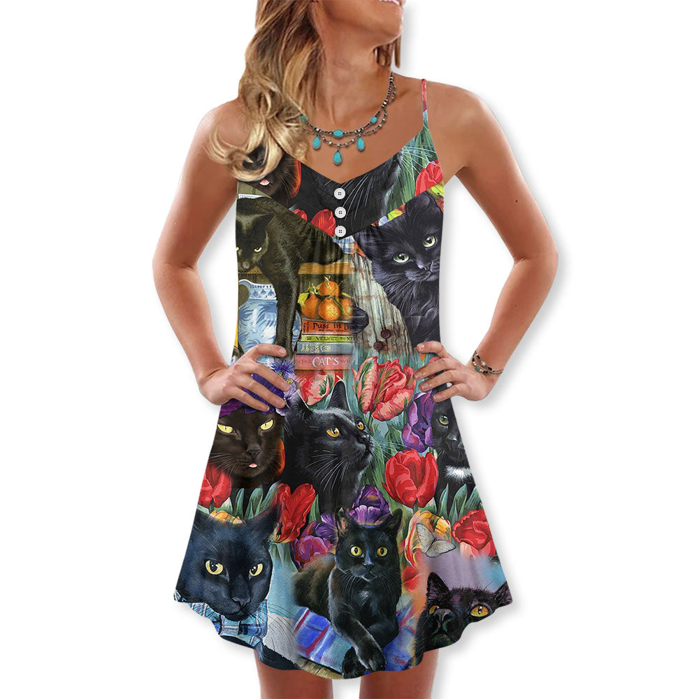 Black Cat Floral Art – Women's Summer Sleeveless V-Neck Camisole Dress