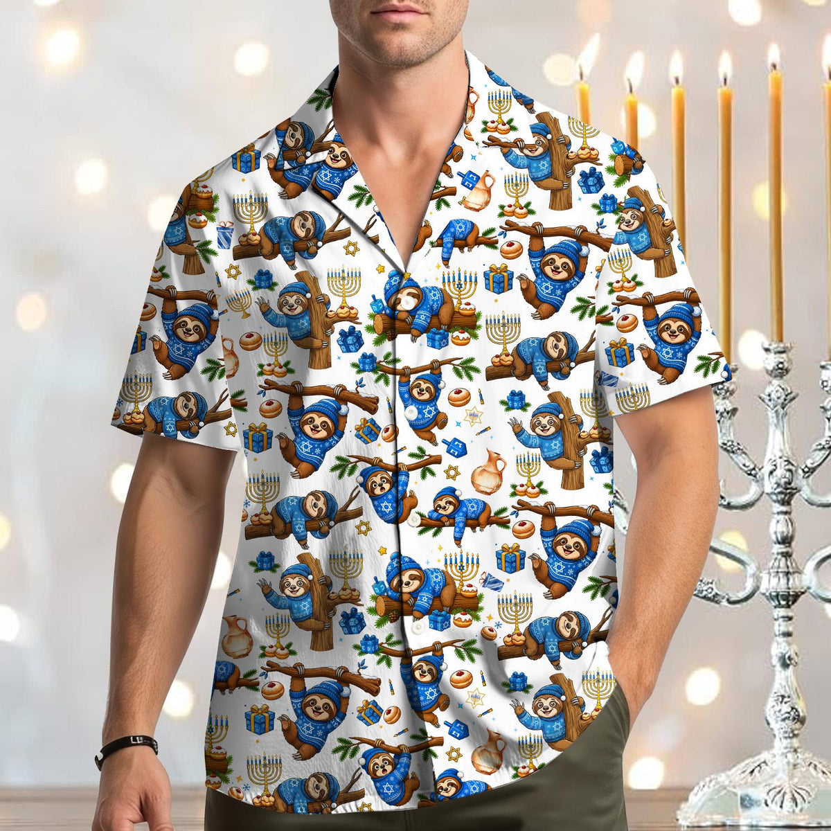 Funny Sloth Hanukkah Menorah Dreidel Holiday – Hawaiian Shirt