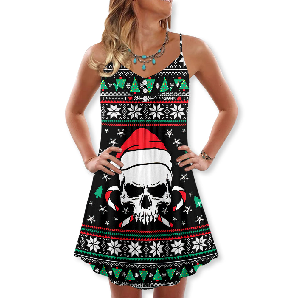 Christmas Skull Santa Hat Candy – Women's Summer Sleeveless V-Neck Camisole Dress