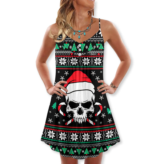 Christmas Skull Santa Hat Candy – Women's Summer Sleeveless V-Neck Camisole Dress