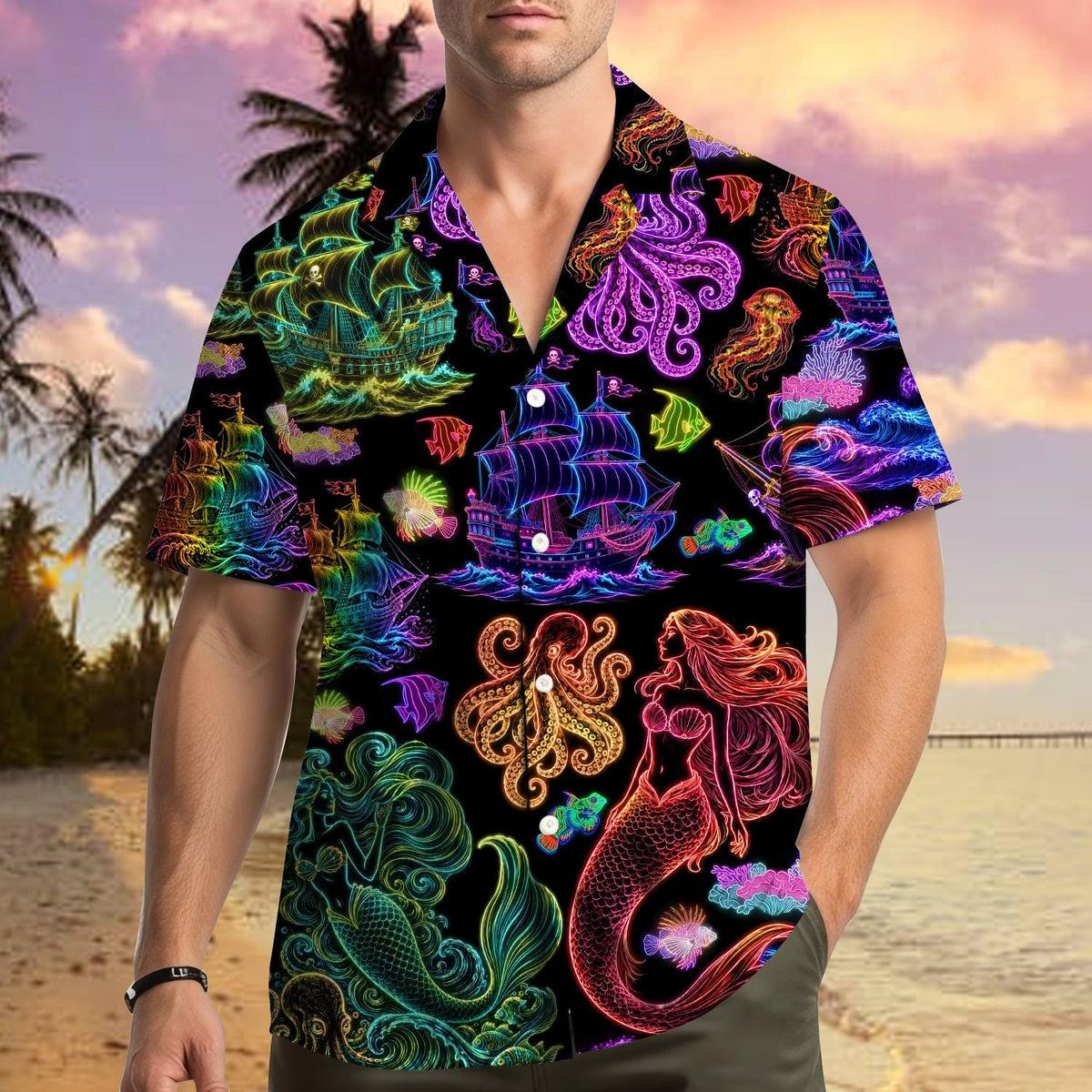 Neon Mermaid Pirate Ship Octopus Ocean – Hawaiian Shirt