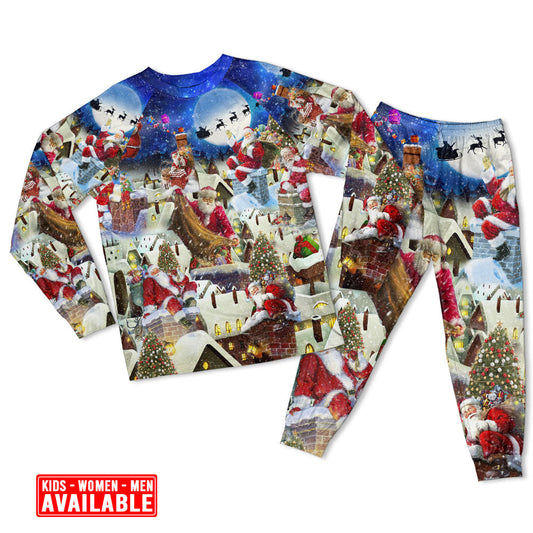 Women / S Christmas Up On Rooftop Santa's Busiest Night - Pajamas Long Sleeve - Owls Matrix LTD