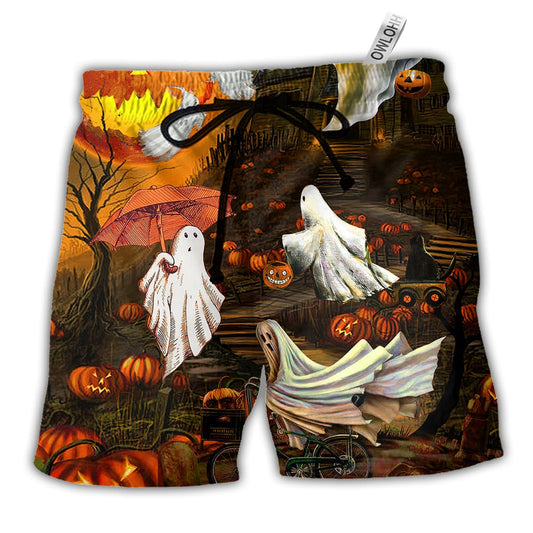 Beach Short / Adults / S Halloween Ghost Cute With Moon - Beach Short - Owls Matrix LTD