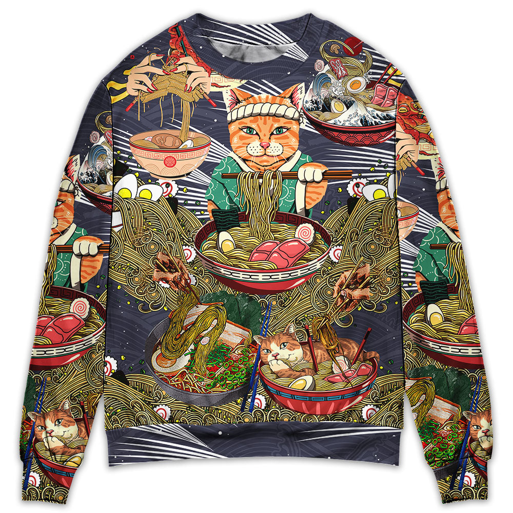 Lovely Cat Eating Ramen Art – Sweater - Ugly Christmas Sweater