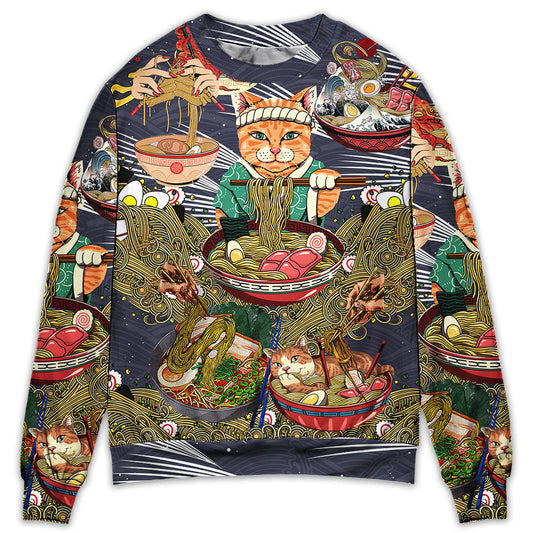 Lovely Cat Eating Ramen Art – Sweater - Ugly Christmas Sweater