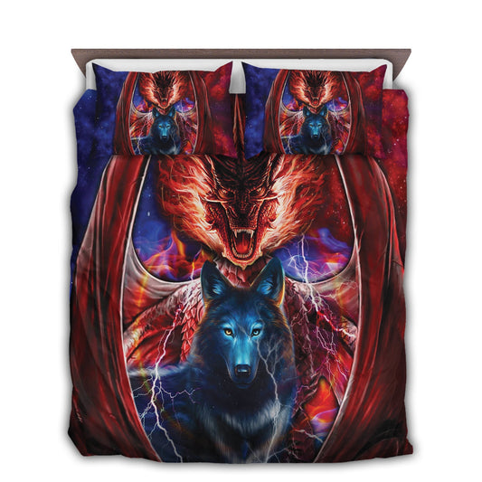 Wolf And Dragon Combat Bedding Cover For Fantasy Bedroom Decor