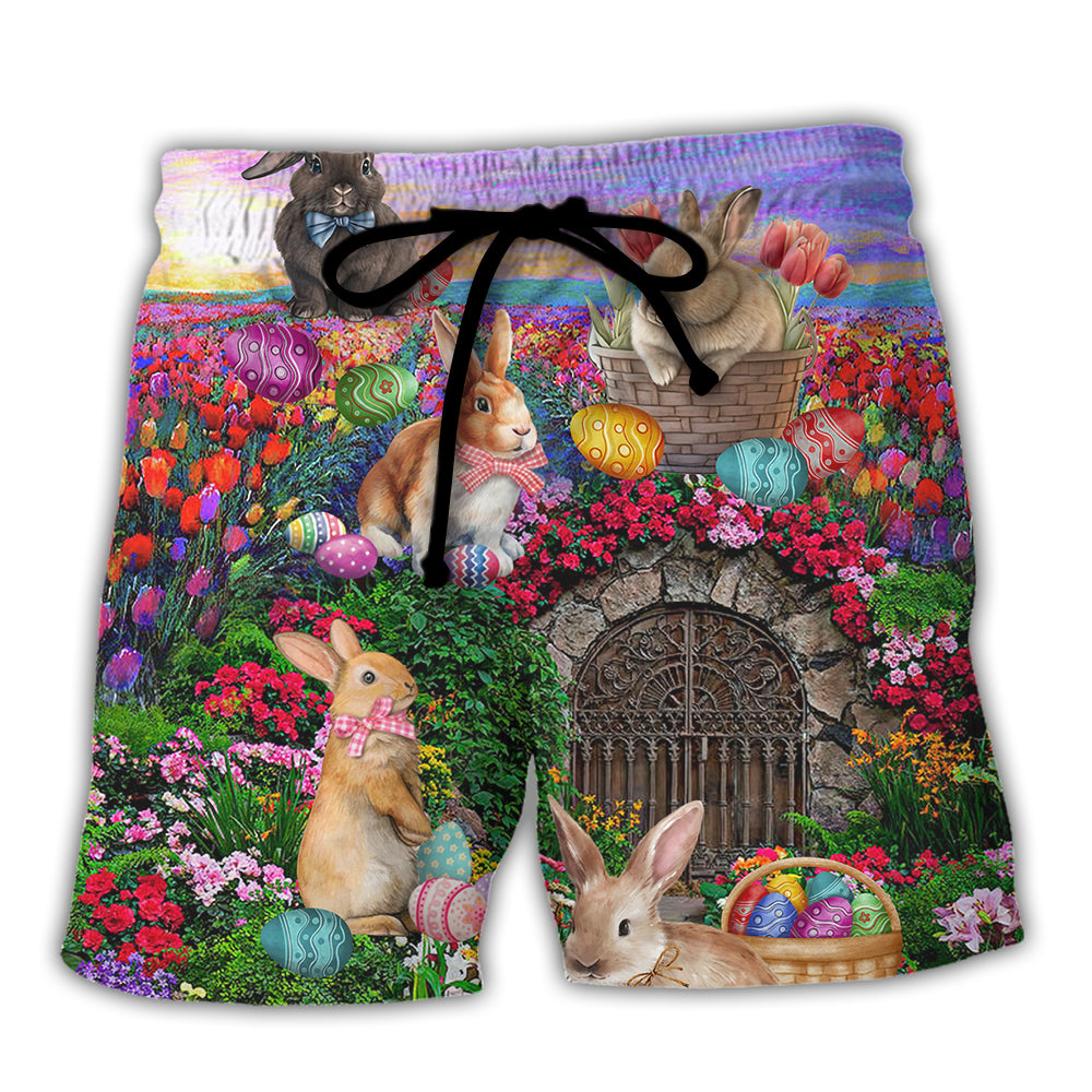 Easter Rabbit In Floral Watercolor Landscape - Beach Short