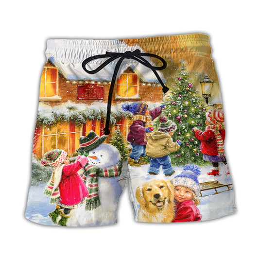 Christmas Kids And Animals Town Art – Beach Short