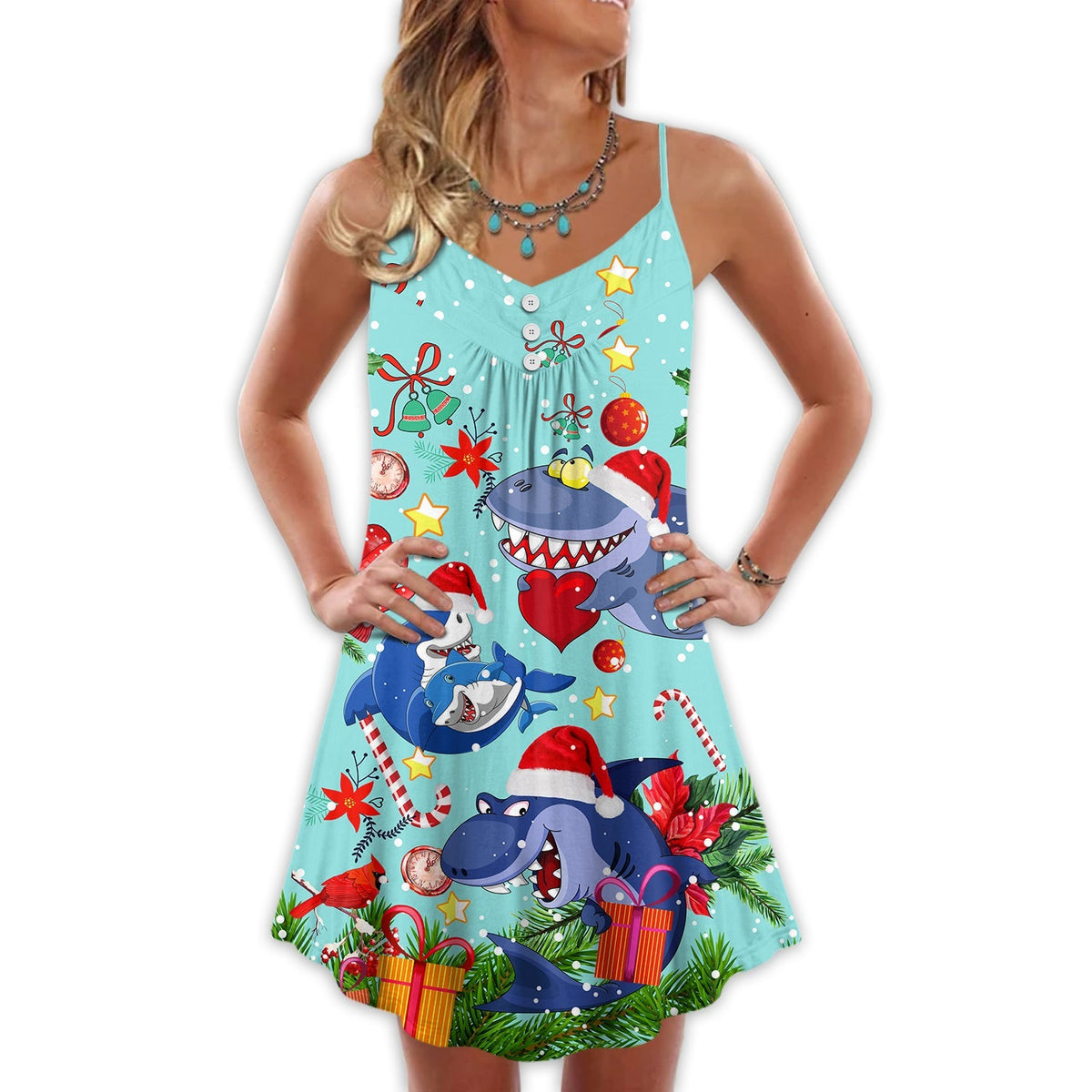 Christmas Funny Shark Holiday – Women's Summer Sleeveless V-Neck Camisole Dress