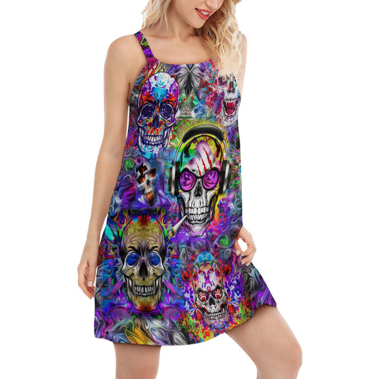 Hippie Skull Floral Colors – Women's Summer Sleeveless V-Neck Camisole Dress