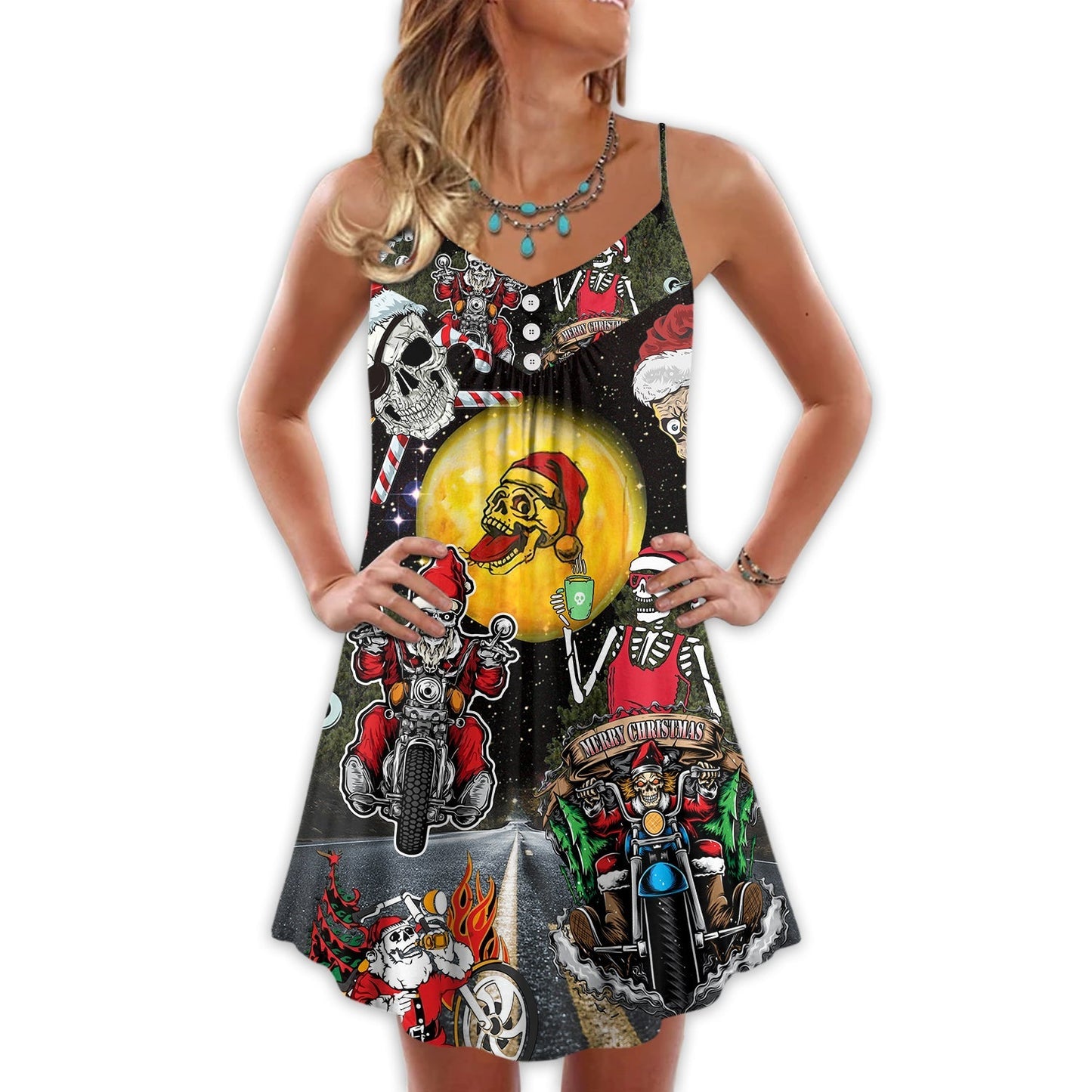 Christmas Santa Skull Racing Holiday – Women's Summer Sleeveless V-Neck Camisole Dress