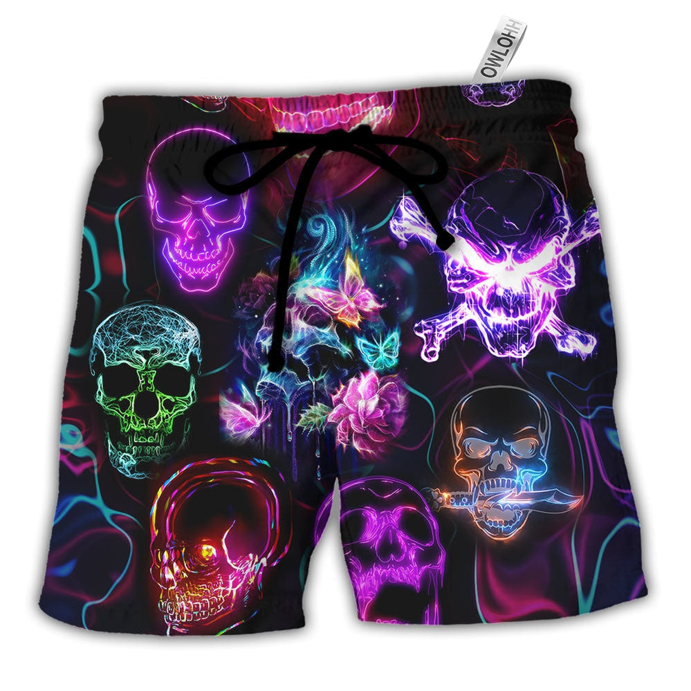 Beach Short / Adults / S Skull Neon Art Happy Holiday - Beach Short - Owls Matrix LTD
