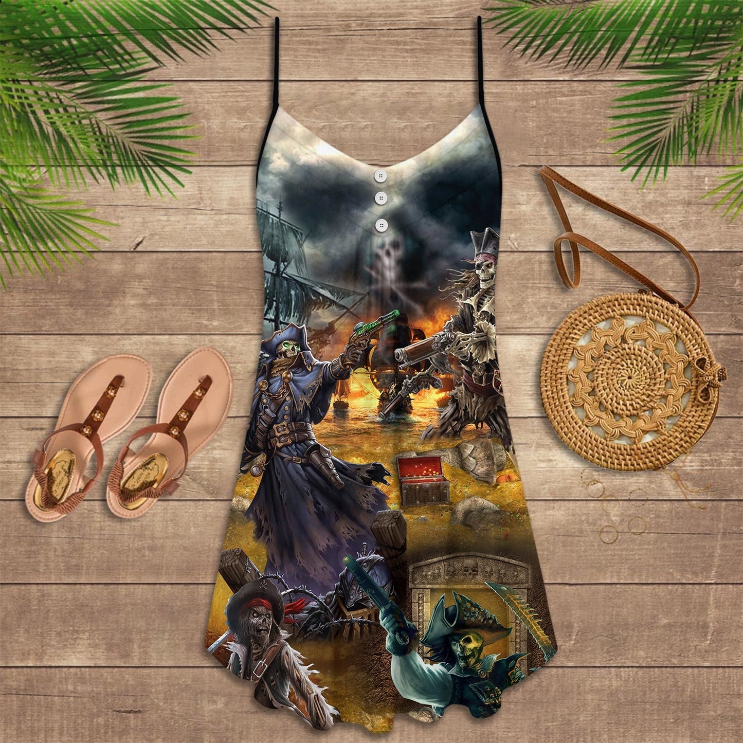 Skull Pirate Treasure Night – Women's Summer Sleeveless V-Neck Camisole Dress