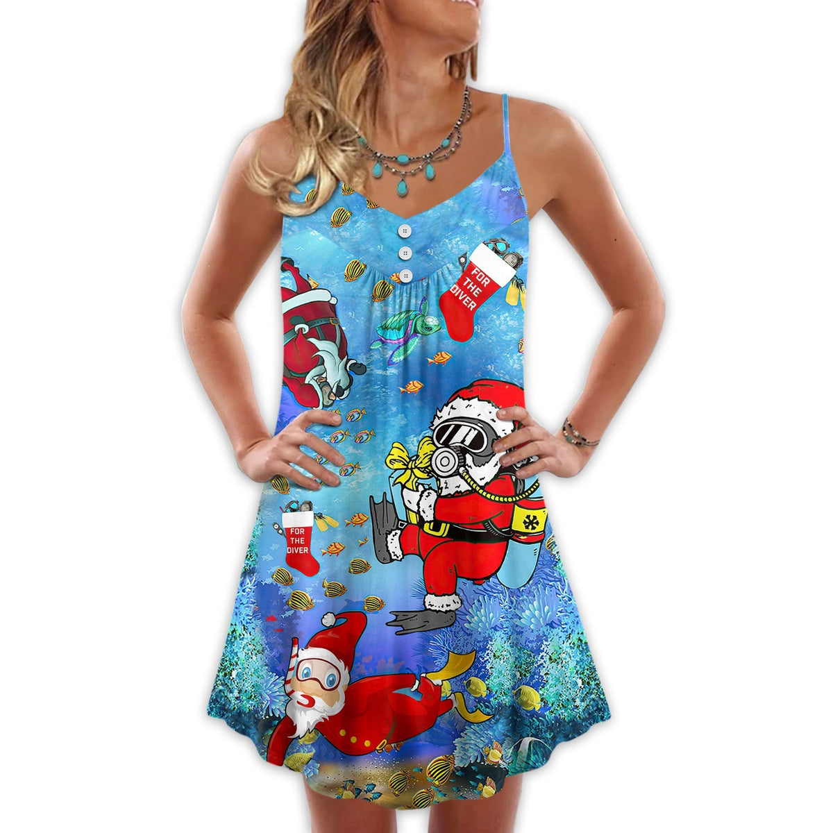 Christmas Santa Diving Funny – Women's Summer Sleeveless V-Neck Camisole Dress
