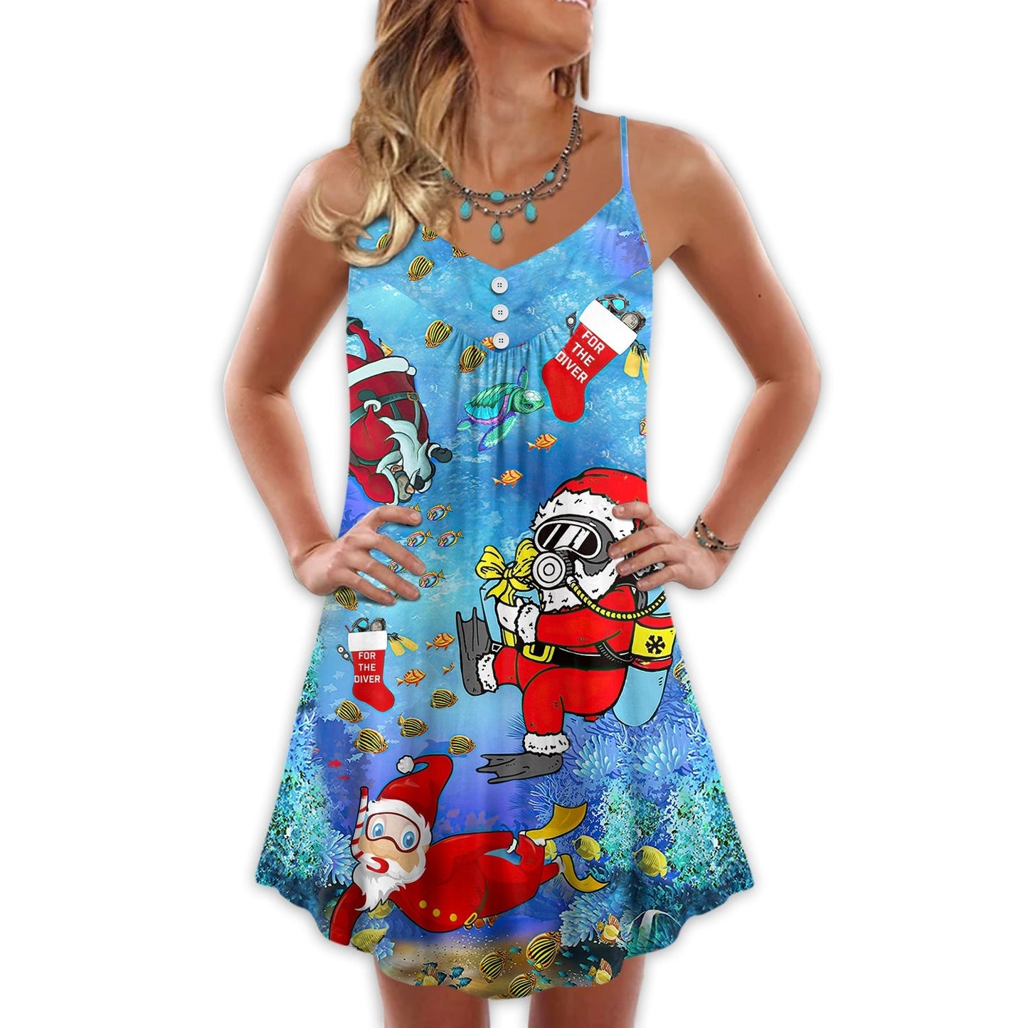 Christmas Santa Diving Funny – Women's Summer Sleeveless V-Neck Camisole Dress
