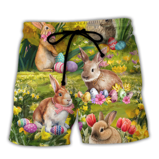 Easter Rabbit Relaxing In Flower Landscape Art - Beach Short