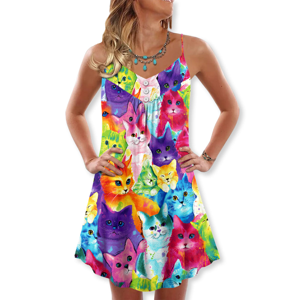 Colorful Cute Kitten Happy Life – Women's Summer Sleeveless V-Neck Camisole Dress