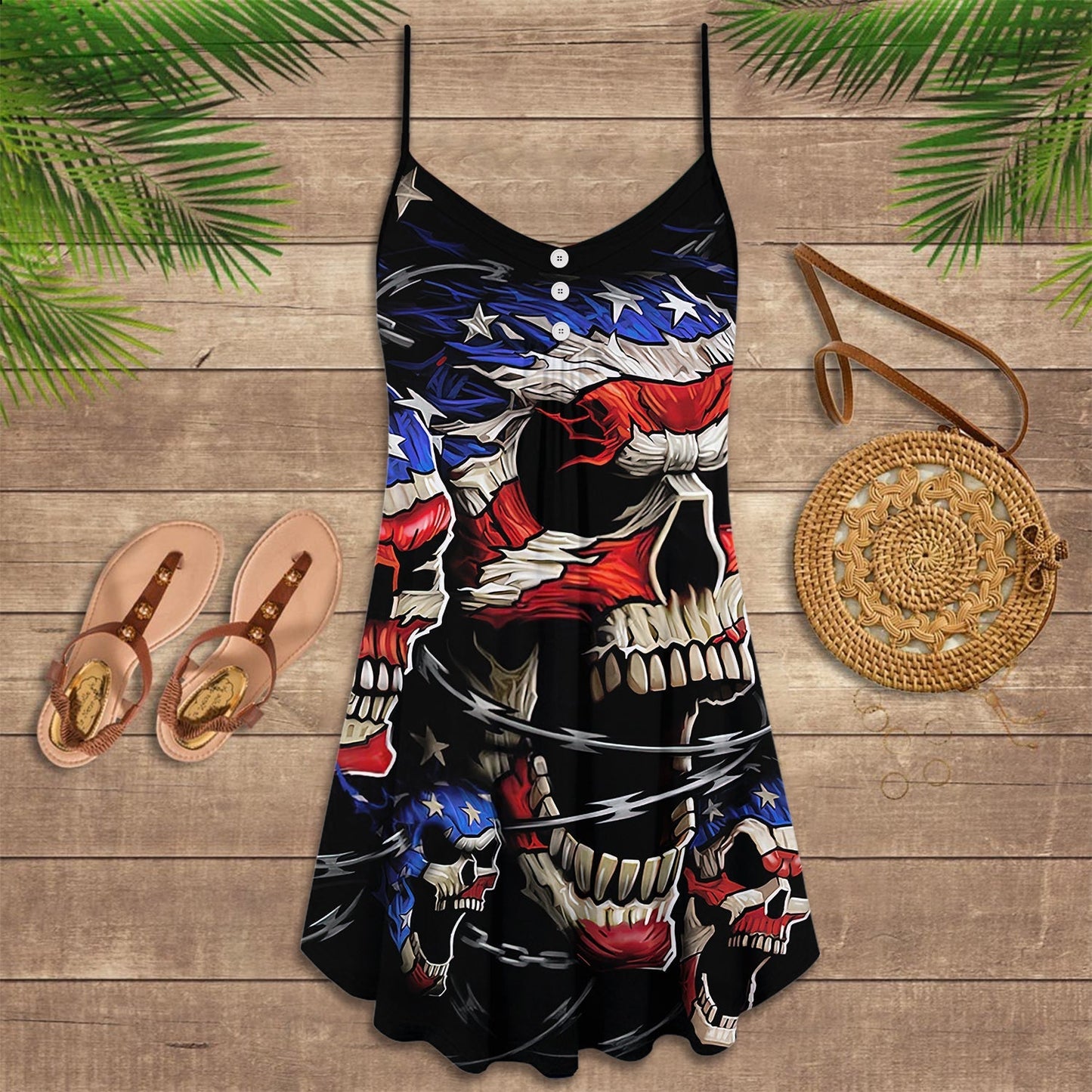 Skull Dark Love Style – Women's Summer Sleeveless V-Neck Camisole Dress