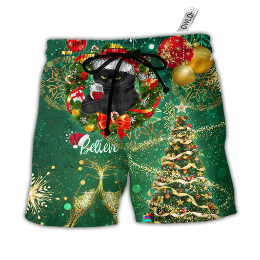 Beach Short / Adults / S Christmas Black Cat Drinking Happy Christmas Tree Green Light - Beach Short - Owls Matrix LTD